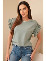 Dámská bavlněná halenka s řaseným rukávem khaki