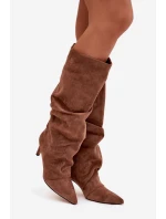 Vlněné Kozačky na Podpatku z Eko Semiš Oteplené Tmavě Béžové Mavella