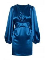 M888 Saténové mini šaty s nadýchanými rukávy - oceánsky modré