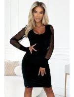 343-2 Elegantní velurové šaty s průhlednými tylovými rukávy - ČERNÉ