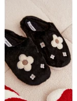 Dámské papuče s kožíškem a květinkami – černé Selinne