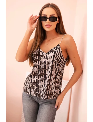 Dámská top na ramínkách s řetízkem a geometrickým vzorem camelová + černá