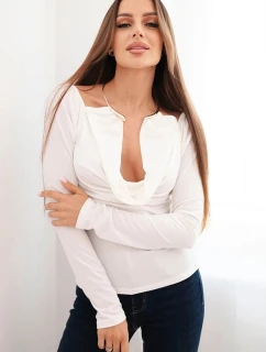 Dámská blůza s drapovaným výstřihem a dlouhým rukávem ecru