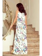 191-6 Šaty MAXI zavazované za krkem s rozparkem - barevné růže a modří ptáci 191-6 Šaty MAXI zavazované za krkem s rozparkem - barevné růže a modří ptáci