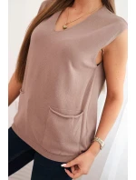 Dámský bezrukávový viskózový svetr s kapsami a V výstřihem fango