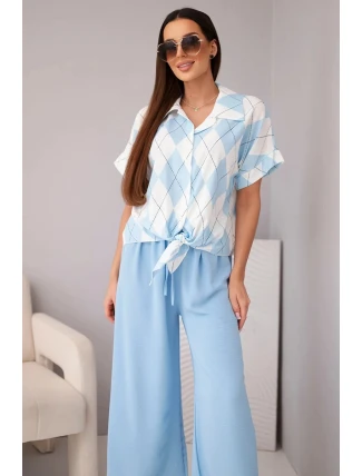 Dámská souprava viskózová košile s uvazováním a kalhoty s gumou modrý