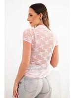 Dámská viskózová krajková halenka s krátkým rukávem a polorolákem bonbónově růžová