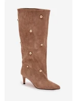 Dámské nazouvací kozačky na jehlovém podpatku Thaliane se zlatými ozdobami – béžové