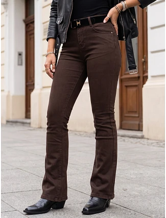 Dámské džínové zvonové kalhoty s páskem a vysokým pasem, hnědé, FashionStreet UY3109 Dámské džínové zvonové kalhoty s páskem a vysokým pasem, hnědé, FashionStreet UY3109