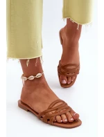 Dámské sandály z ekokože na ploché podrážce hnědé Moldela