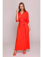S406 Viskózové maxi šaty se zavinovacím vzorem - korálová barva
