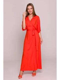 S406 Viskózové maxi šaty se zavinovacím vzorem - korálová barva