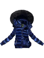 Tmavě modrá krátká zimní bunda s květovaným vzorem (CAN-597)