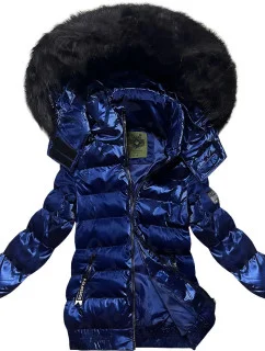 Tmavě modrá krátká zimní bunda s květovaným vzorem (CAN-597)