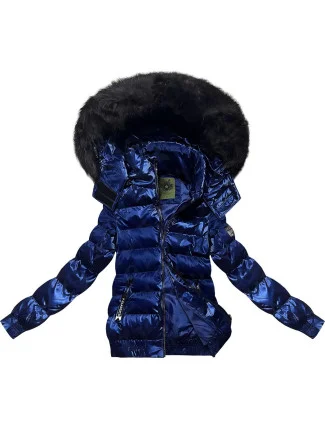 Tmavě modrá krátká zimní bunda s květovaným vzorem (CAN-597)