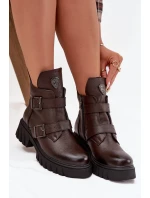 Kožené zateplené dámské boty s přezkami a ozdobným detailem Zazoo 60482 čokoládové