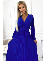 VIVIANA - Plisované dámské midi šaty v chrpové barvě s výstřihem, dlouhými rukávy a širokým opaskem 504-1