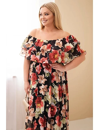 Dámské šaty plus size maxi s volánem španělského střihu a elastickým pasem černá