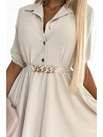 461-1 Košilové šaty s knoflíky a zlatým páskem - BEACH
