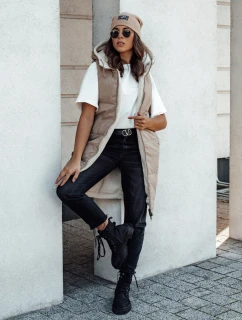 COSYVIVA dámská dlouhá prošívaná vesta s kapucí béžová FashionStreet TY4602