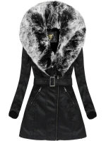 Černo-šedý kabát z ekologické kůže s kožešinovým límcem Libland (LD-5518)