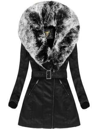 Černo-šedý kabát z ekologické kůže s kožešinovým límcem Libland (LD-5518)