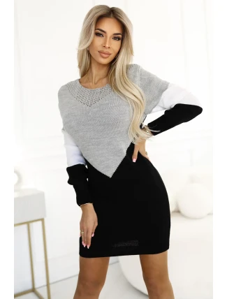 584-1 Tříbarevné svetrové šaty s prolamovaným výstřihem - černé, bílé a šedé