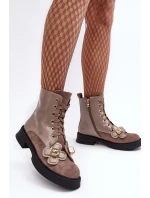 Módní dámské kotníkové boty na zip s ozdobami D&A šedohnědá