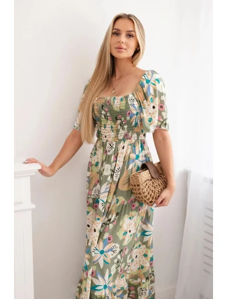 Viskózové šaty s volánkovým výstřihem 29477 khaki - Kesi Viskózové šaty s volánkovým výstřihem 29477 khaki - Kesi