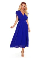 YANA - Dámské midi šaty v chrpové barvě s plisovanými volánky a výstřihem 367-2