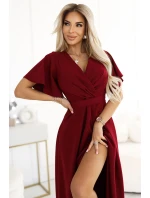 581-2 Dlouhé šaty JENNIFER s rozparkem na nohou, rukávy a výstřihem - BRONZOVÉ