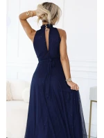 636-2 VERONICA luxusní dlouhé šaty s brokátovým akcentem a elegantním střihem - námořnická modř