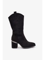 Dámské perforované kozačky do poloviny lýtka ve stylu kovbojek S.Barski – černé, eko kůže