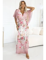 603-4 Vzdušné maxi šaty s obálkovým výstřihem a květinovým vzorem - PINK Roses