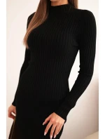 Dámská viskózová pruhovaná šaty s dlouhým rukávem a stojáčkem černá