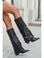 Dámské kozačky na klínku s ozdobným páskem eko kůže černé Jolivine