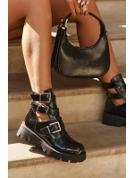 Lakované dámské kotníky s pásky a stříbrnými sponami Černé Helisse