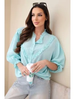 Dámská bavlněná košile s krajkou a zavazováním mentolová
