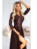 309-14 AMBER elegantní dlouhé krajkové šaty s výstřihem - čokoládové