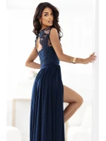215-6 LEA dlouhé elegantní maxi šaty s krajkovým vrškem a rozparkem na nohou - tmavě modré