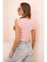 Dámská pruhovaná blůza s nařasením a volánky neonově růžová