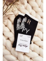 Dámské bavlněné ponožky s nápisem a medvídkem černé