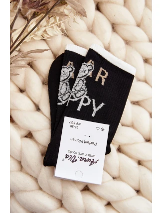 Dámské bavlněné ponožky s nápisem a medvídkem černé