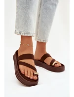 Dámské látkové pantofle s pásky a zlatým detailem čokoládové Farielle