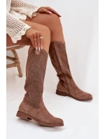 Dámské kozačky s perforovaným vzorem na nízkém podpatku S.Barski HY61-8022 Hnědé