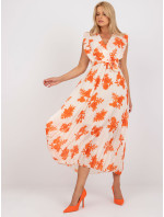 Béžové a oranžové dlouhé plisované šaty s potisky