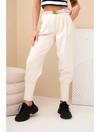 Dámské bavlněné kalhoty s vysokým pasem a páskem béžová