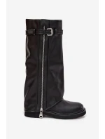 Dámské kozačky s obráceným límcem sponou a stříbrným zipem vyhřívané černé Bressa