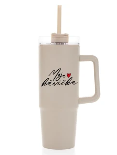 MOJE KÁVIČKA - béžový cestovní termohrnek s průhledným víčkem 900 ml