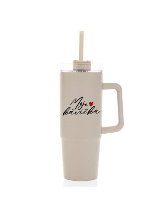 MOJE KÁVIČKA - béžový cestovní termohrnek s průhledným víčkem 900 ml